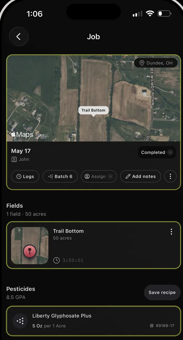 The nuWay AgTrack app's Job screen on an iPhone, with Miller north 40 arriving in the job's Fields card.