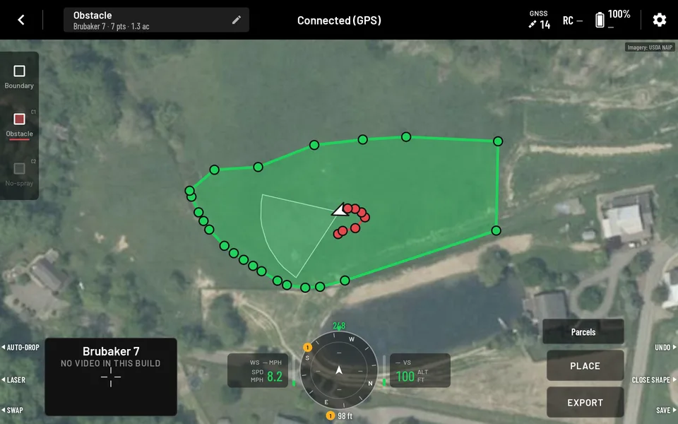 AgMapper on the enterprise drone's controller: a field closed with an obstacle marked, and the Export button highlighted.