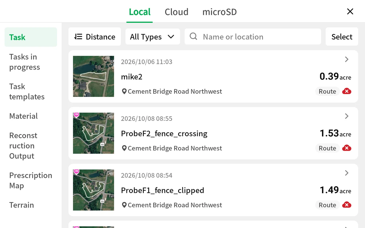 DJI SmartFarm on our T100 controller: the Local task list with saved fields and their acreage.