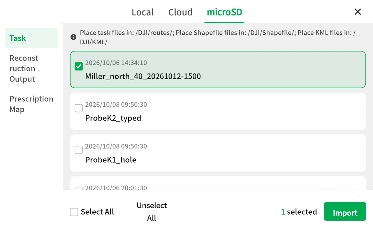 DJI SmartFarm on our T100 controller: the microSD import list with Miller_north_40 ticked, 1 selected, and the Import button.