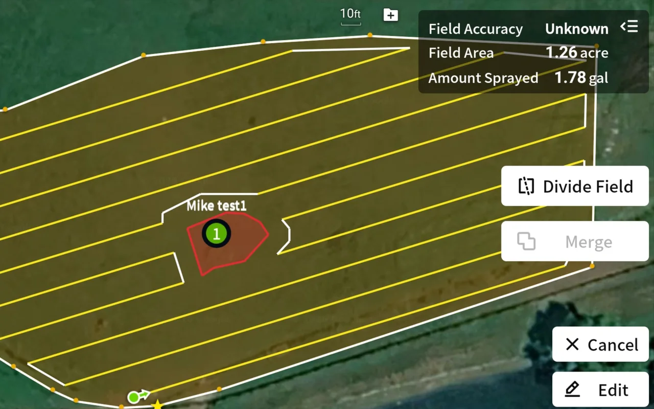 DJI SmartFarm on a T100 controller: an imported test field with its obstacle cut out and the spray swaths laid in.